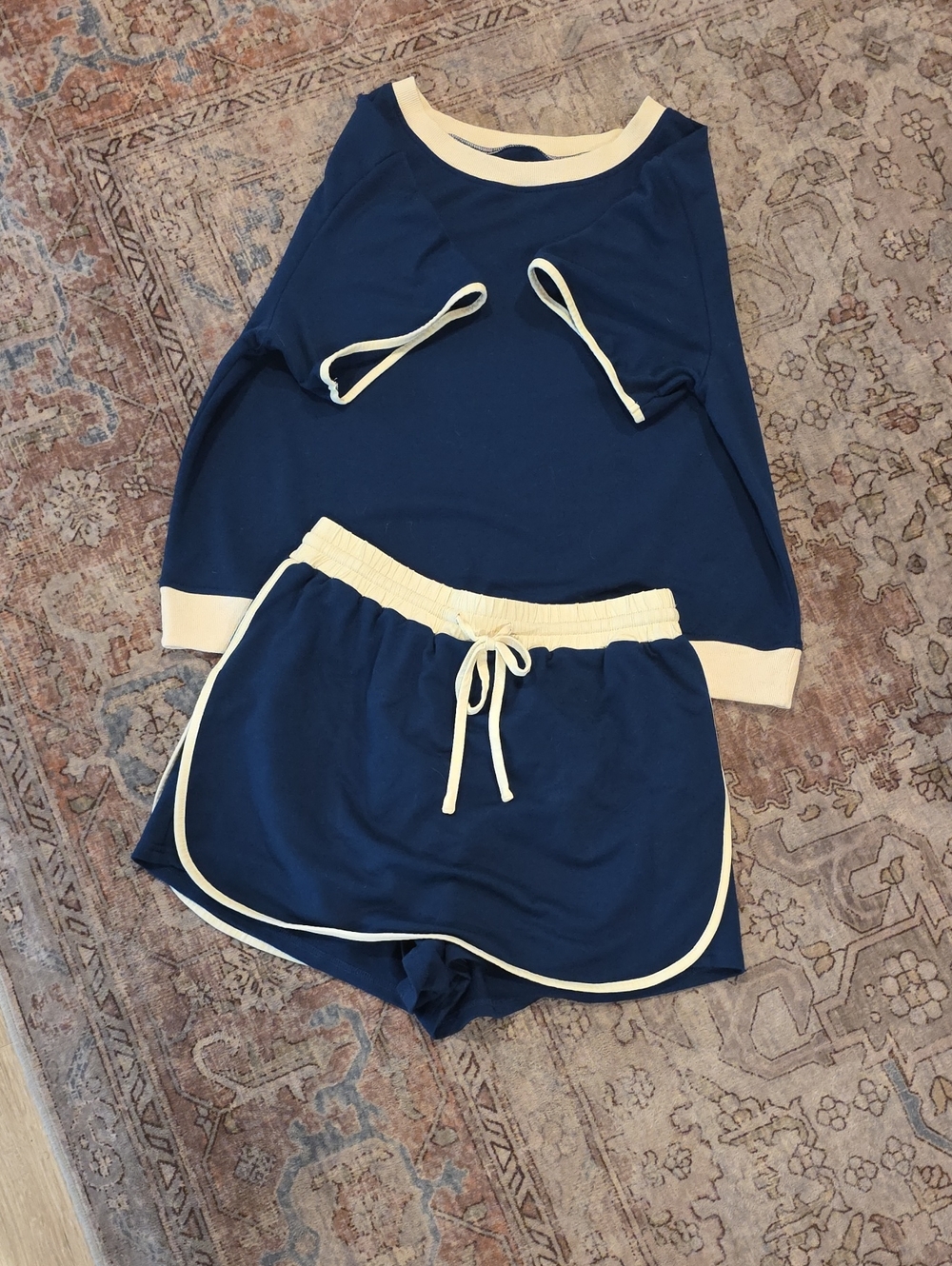 Navy and Cream Women's Lounge Top